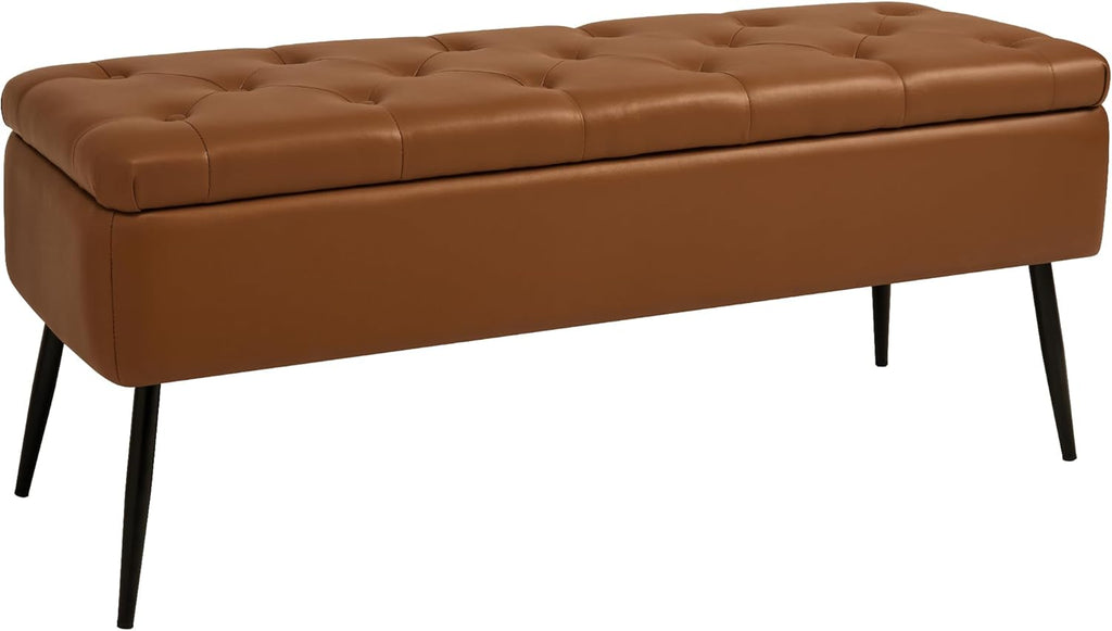 Leather Storage Ottoman Bench, End of Bed Bench with Steel Legs | Brown Leather Button Tufted Design | 660 lb