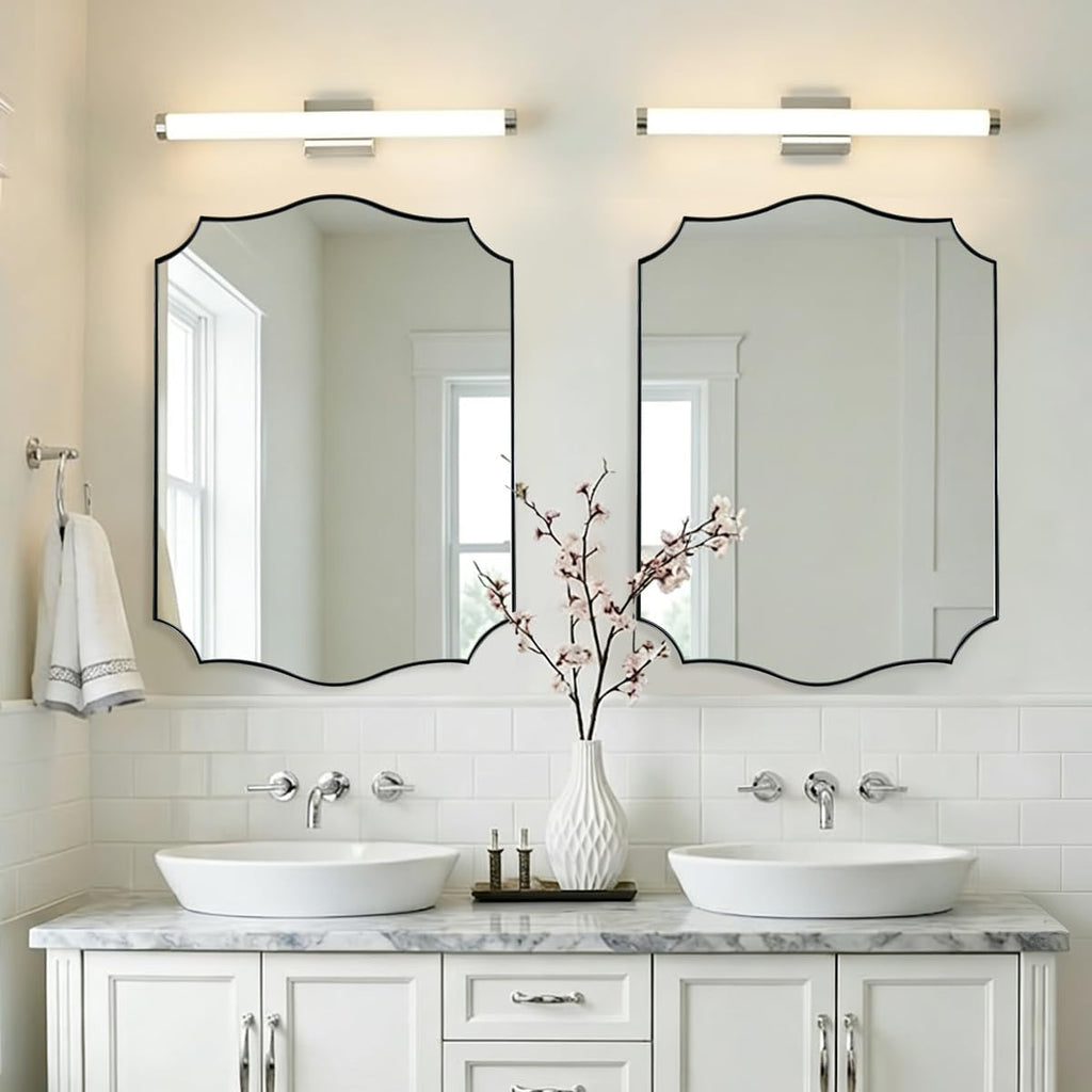 24x32'' Brushed Nickel Scalloped Bathroom Vanity Mirrors for Over Sinks, Vintage Wavy Edges Silver Bathroom