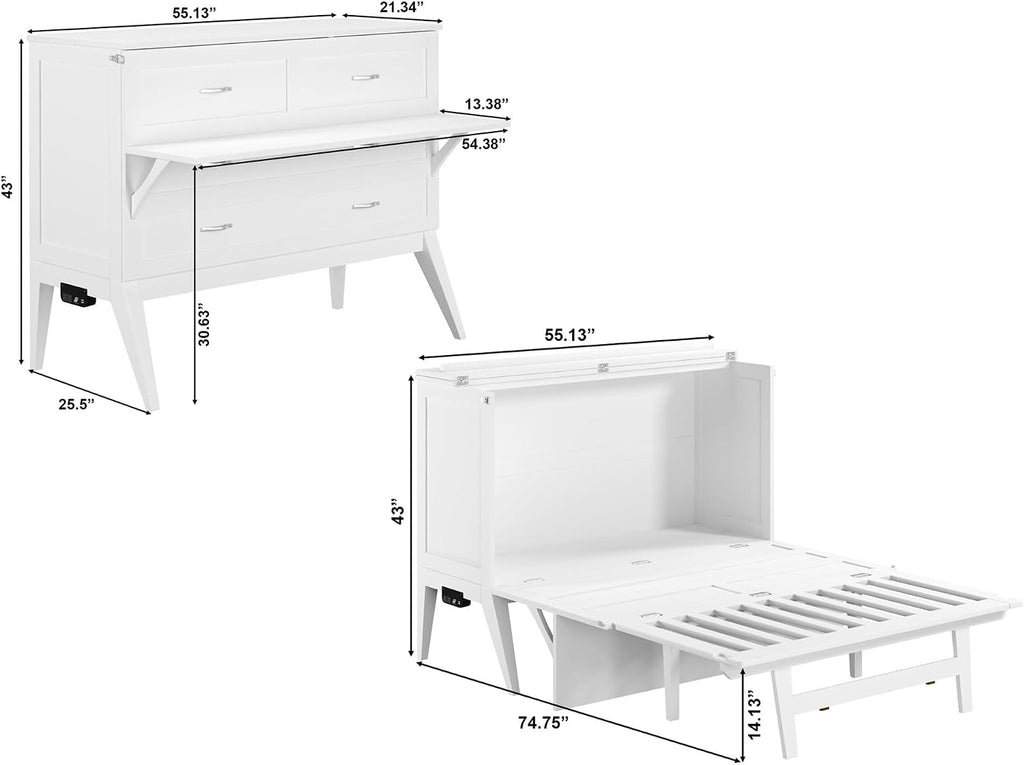 Full Murphy Bed Desk with Memory Foam 6" Mattress and Built-in USB Charger, White