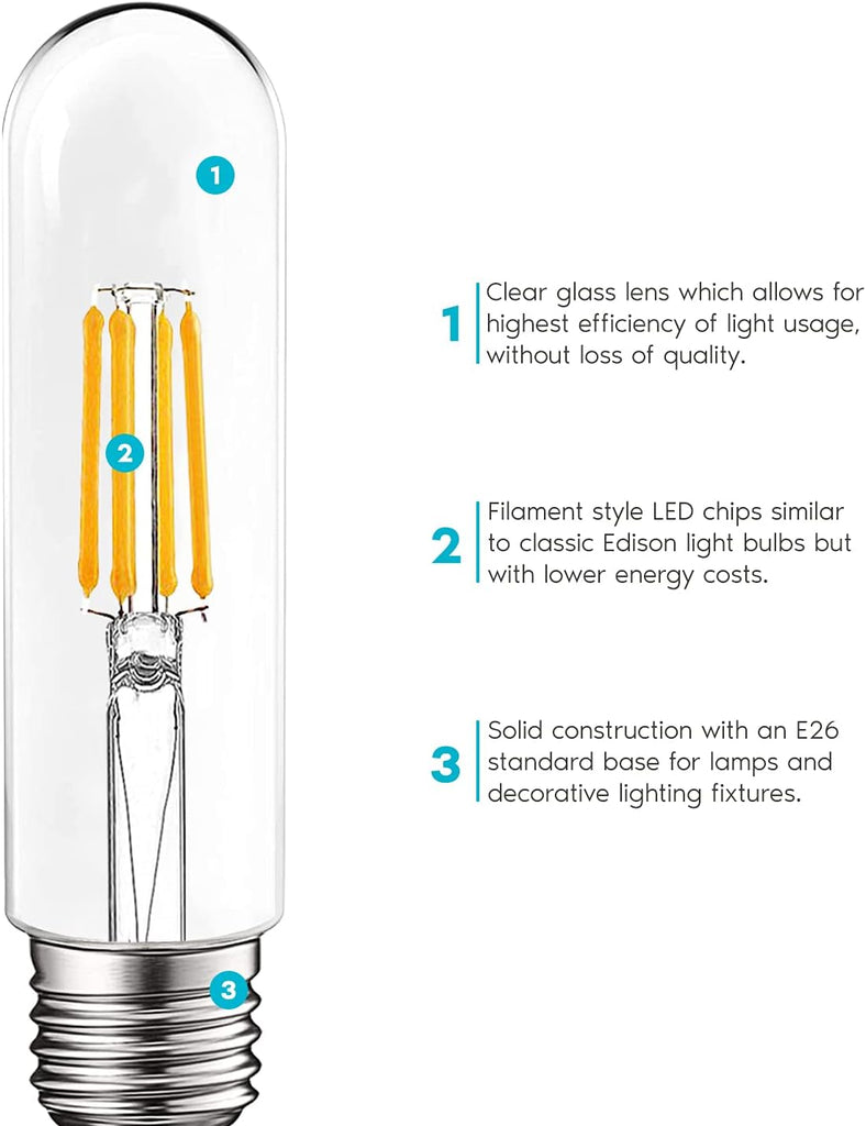 T10 LED Bulb, 5W=60W Equivalent, 3000K Soft White, Vintage Edison Filament Bulb, 500 Lumens, Tubular Light Bulb, Damp (3 Pack)