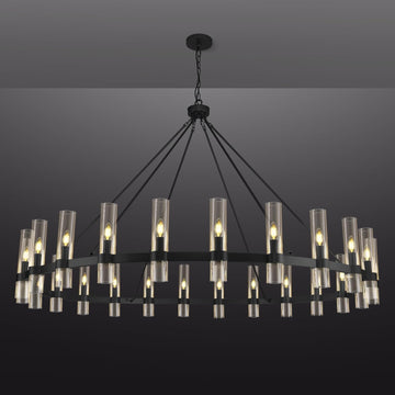 Inspired Ravelle Style Black Wagon Wheel Chandelier, 70 Inch Glass Chandeliers, 24 Light Chandelier for High Ceiling, Modern Farmhouse Chandeliers for Living Room, Dining Room, Entryway, Stairwell (Bulbs Included)