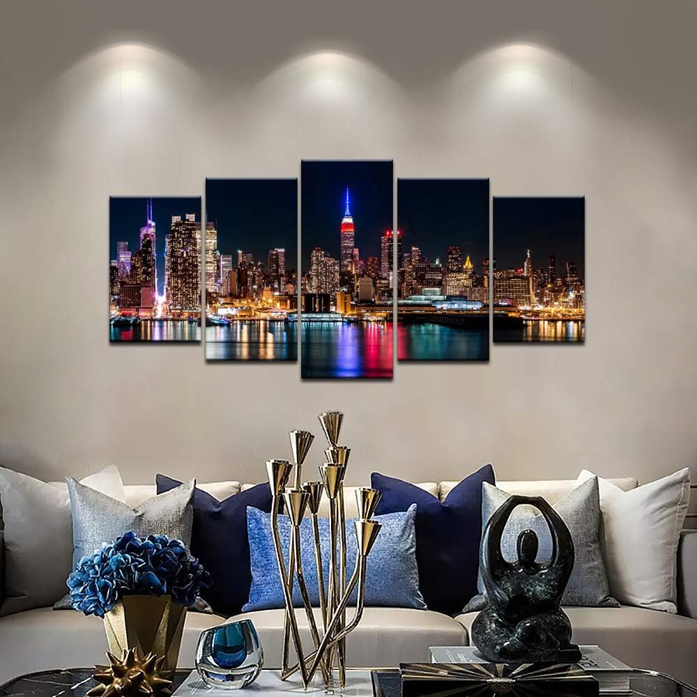 New York City Canvas Wall Art Manhattan Skyline at Night Picture Prints Modern Home Office Wall Decoration Stretched