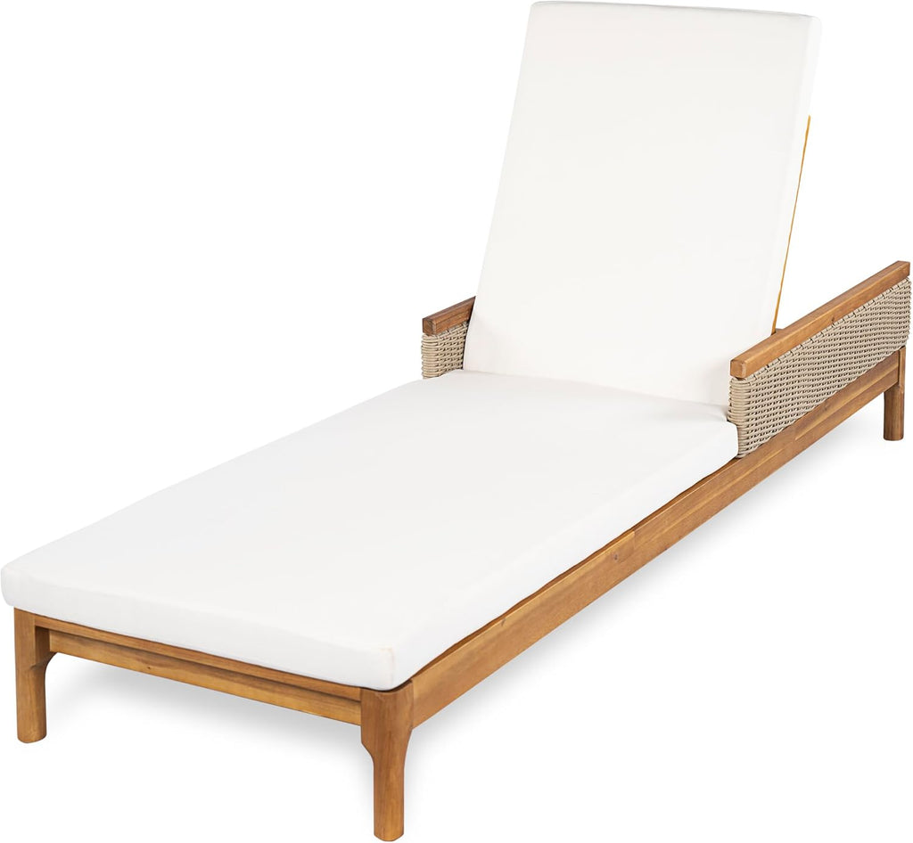 Outdoor Acacia Wood Lounge Chair with Adjustable Backrest, Patio Chaise Lounge with Cushions and Light Grey Wicker