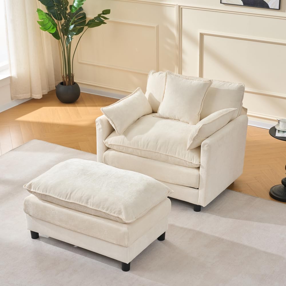 Luxe Oversized Lounge Chair and Ottoman — Beige Chenille