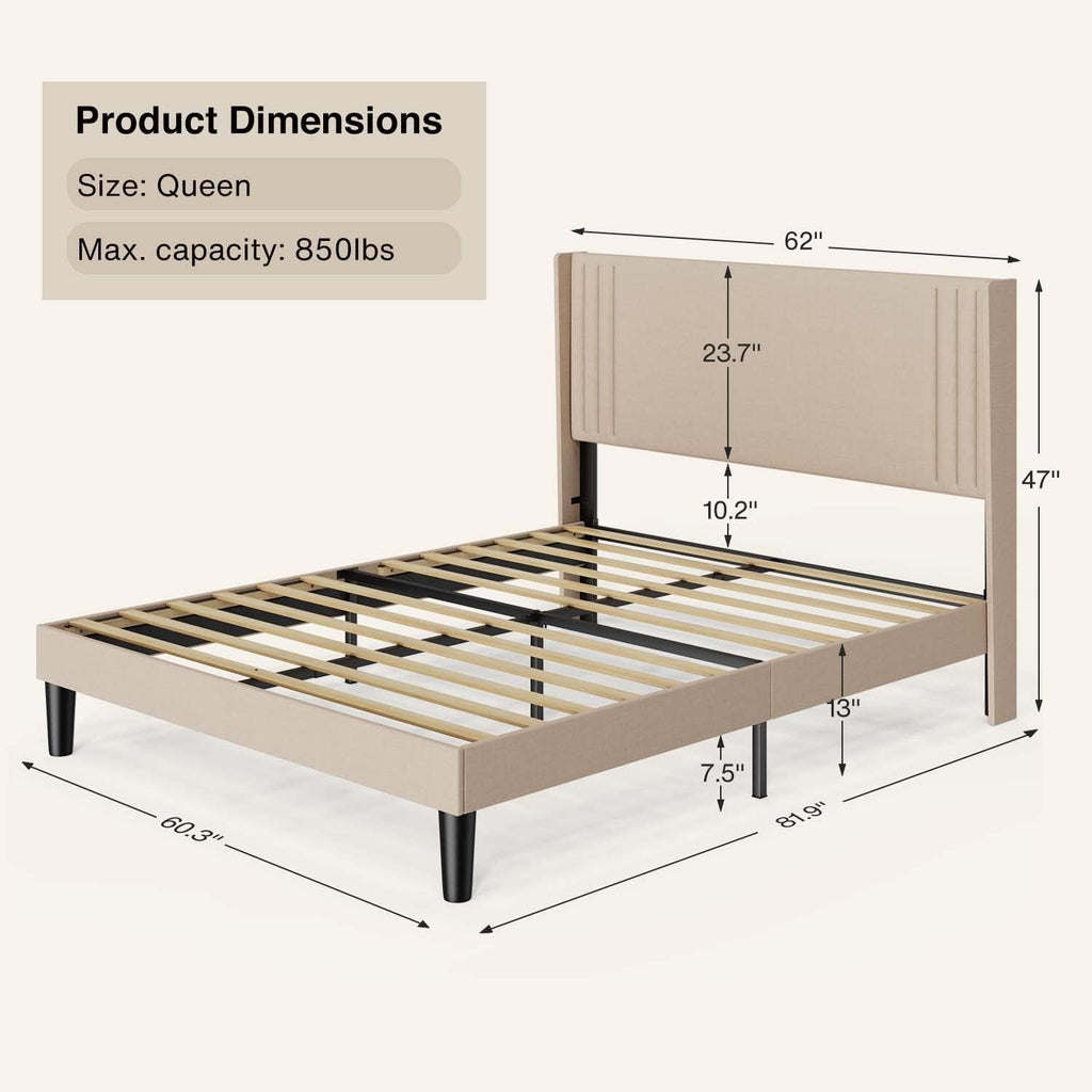 Queen Bed Frame with Wingback Headboard, Upholstered Platform Bed, Wooden Slats, Noise-Free, No Box Spring Needed
