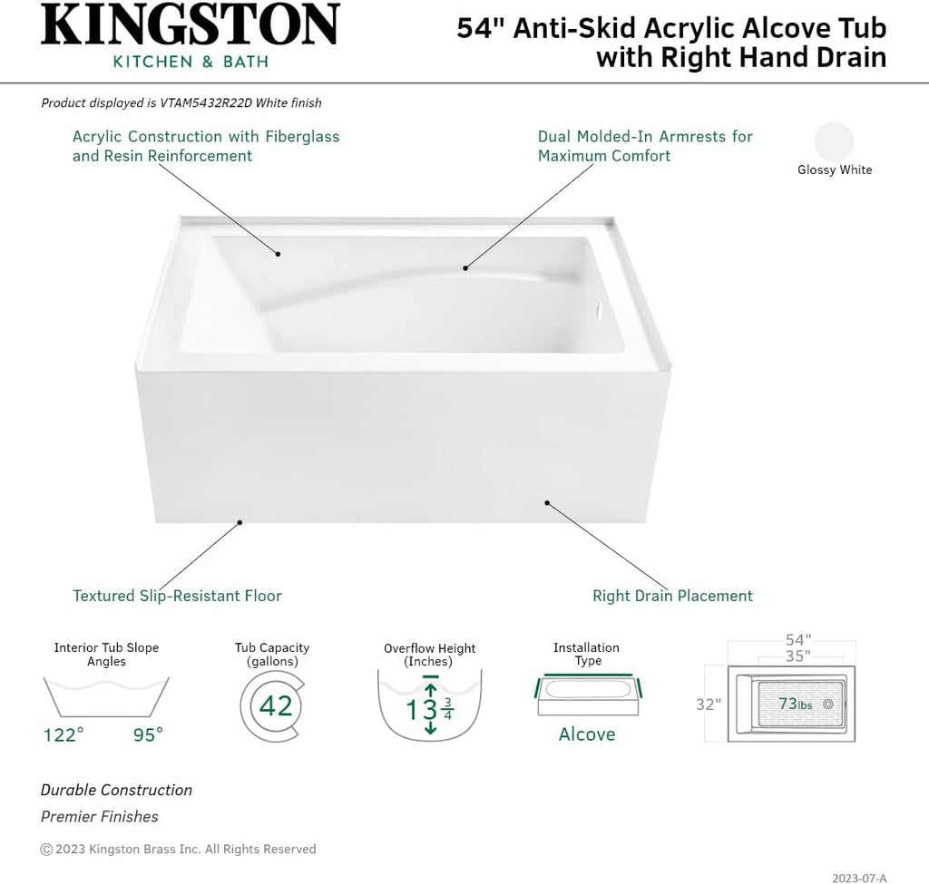 VTAM5432R22D 54-Inch Anti-Skid Acrylic 3-Wall Alcove Tub with Right Hand Drain, Glossy White