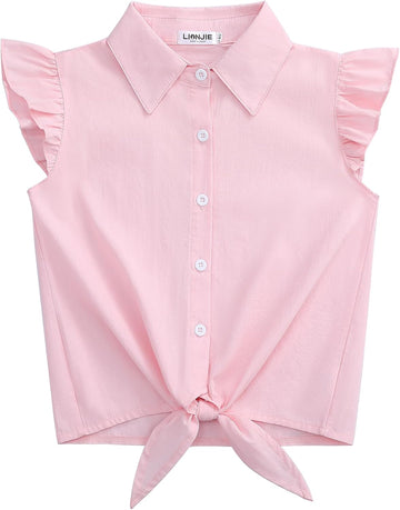 Girls Sleeveless Plaid Button Down Shirt Summer Crop Tops Tie Knot Ruffle Sleeve Shirt Blouse