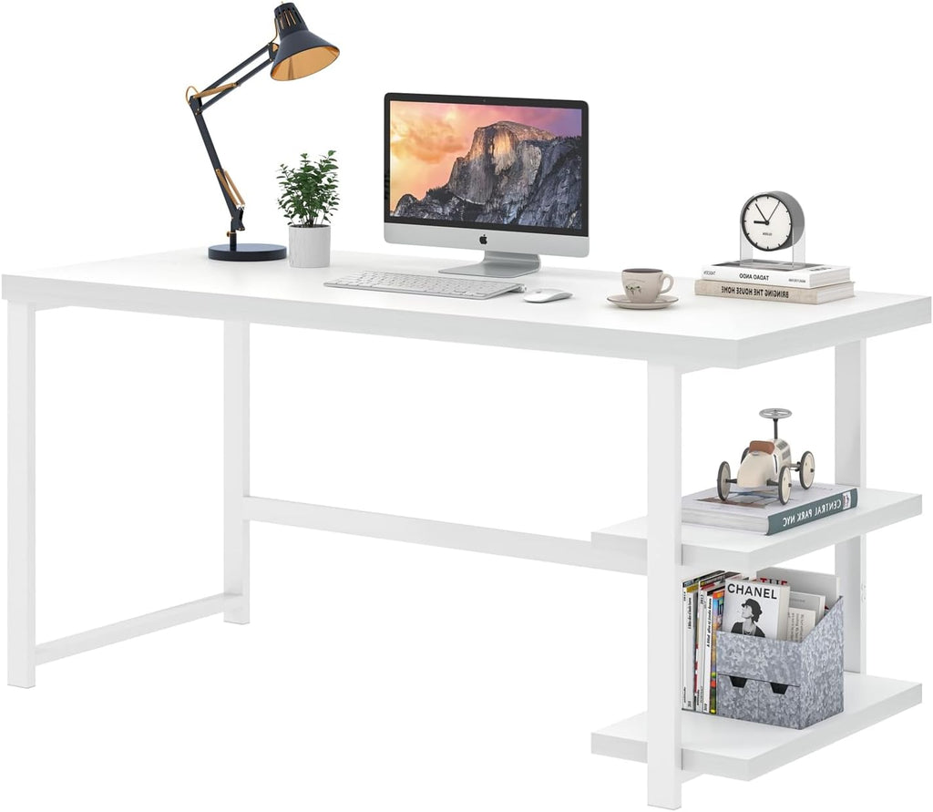 White Computer Desk, Modern Home Office Desk with Storage Shelf, Wood and Metal Writing Study Table Bedroom, 53 Inch