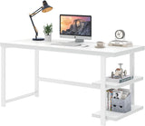 White Computer Desk, Modern Home Office Desk with Storage Shelf, Wood and Metal Writing Study Table Bedroom, 53 Inch