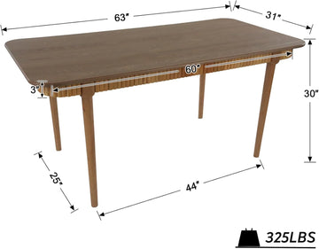 Mid-Century 63 Inch Solid Wood Dining Table for 4-6, Retro Farmhouse Kitchen Table with Large Tabletop, Modern Table