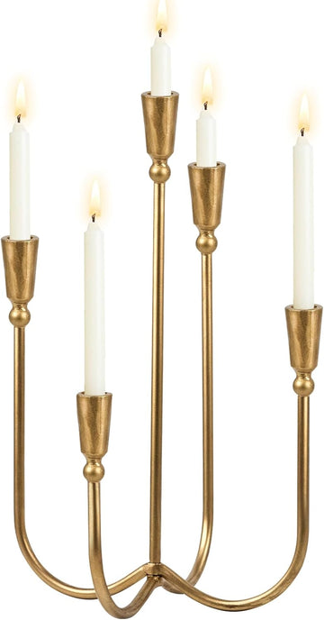 5 Arm Candelabra Cast Iron, 17.5 Inch Tall Candle Holder Antique Brass Candlestick Holder Stand for Taper Candles