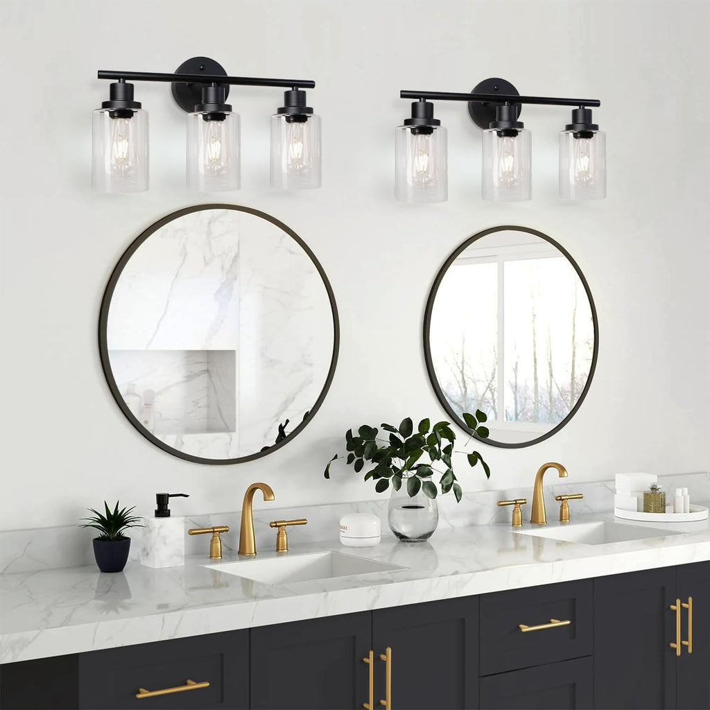 Modern Bathroom Light Fixtures, 3 Light Vanity Lights, Black Wall Lamp with Clear Glass , Mirror, Living Room