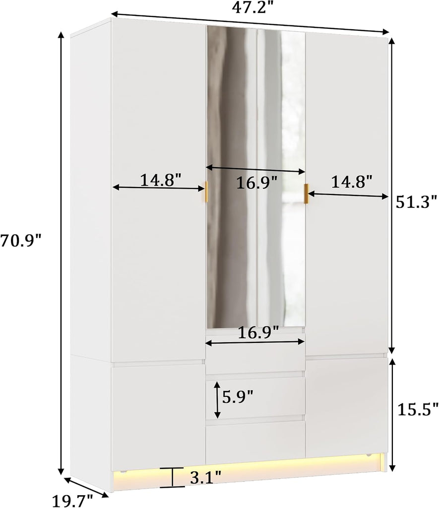 4 Doors Armoire Wardrobe Closet with Led Light & Mirror, Bedroom Large Capacity Freestanding Armoire Wardrobe with