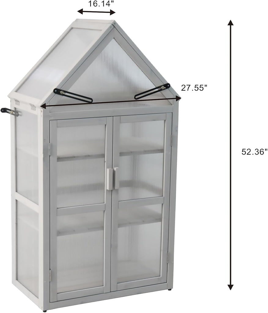 Wooden Mini Cold Frame Greenhouse with Adjustable Shelves, Opening Roof & Wall Mounts - Ideal, Balcony & Garden, Grey