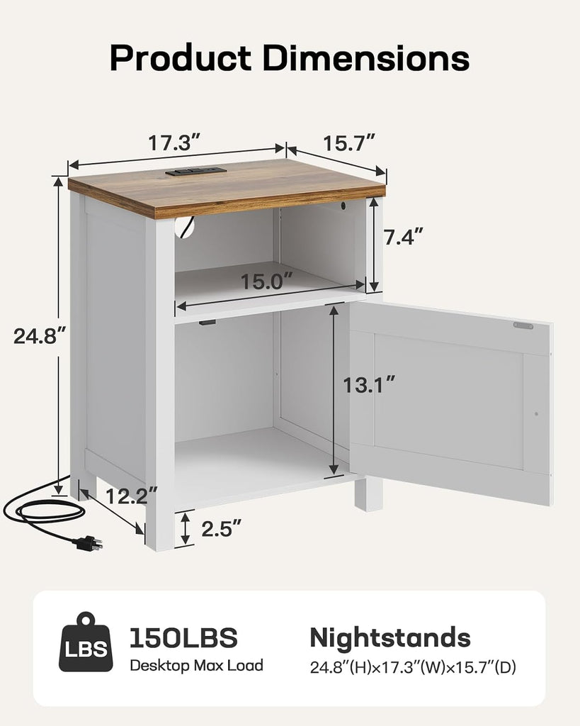 Farmhouse Nightstand Set of 2, Wood Bedside Table with Charging Station, Night Stand with Shelf and Doors, End Table