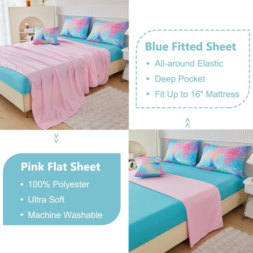 Pink Green Girls Comforter Set, 6 Pieces Colorful Rainbow Kids Bedding Sets, Tie Dye Ombre Glitter Bed in A Bag