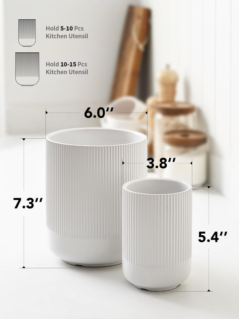 Ceramic Kitchen Utensil Holder for Counter, 7.3/5.4", White