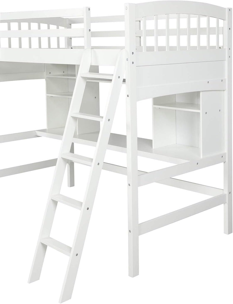 Twin Loft Bed with Desk, Solid Wood Twin Loft Bed Frame with Shelves, White