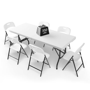 6FT Folding Table Set with 6 Chairs - Heavy-Duty 330 lb Table & 600 lb Chairs, Portable Foldable Furniture Set for