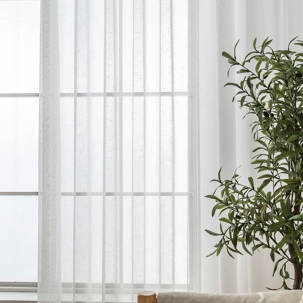 Off White Sheer Curtains 2 Panels, Thin Textured Linen Look Ceiling Curtains & Drapes, Rustic See