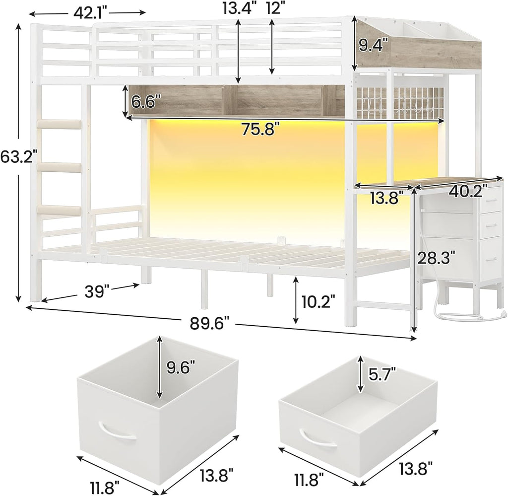 Bunk Bed Twin Over Twin with Charging Station and LED Lights