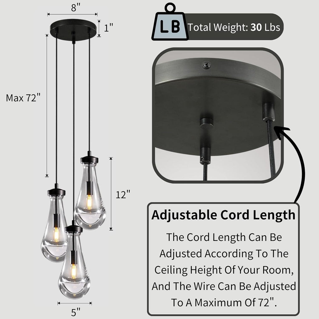 3-Light Raindrop Pendant Light Fixtures, Black Glass Pendant Lighting, Teardrops Modern Hanging Light for Entryway Foyer Kitchen Island Dining Living Room Hallway