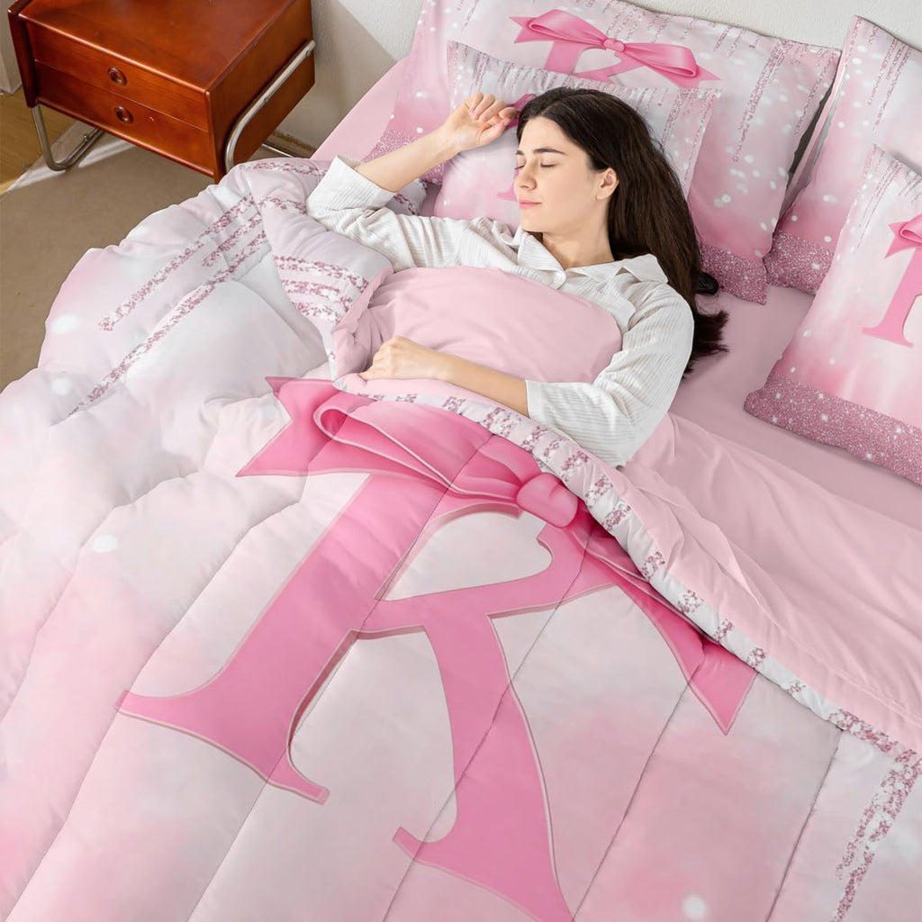 Kids Pink Bowknot 7 Pieces Bedding Set, Personalized Initial K Bed in A Bag Princess Glitter Comforter Set