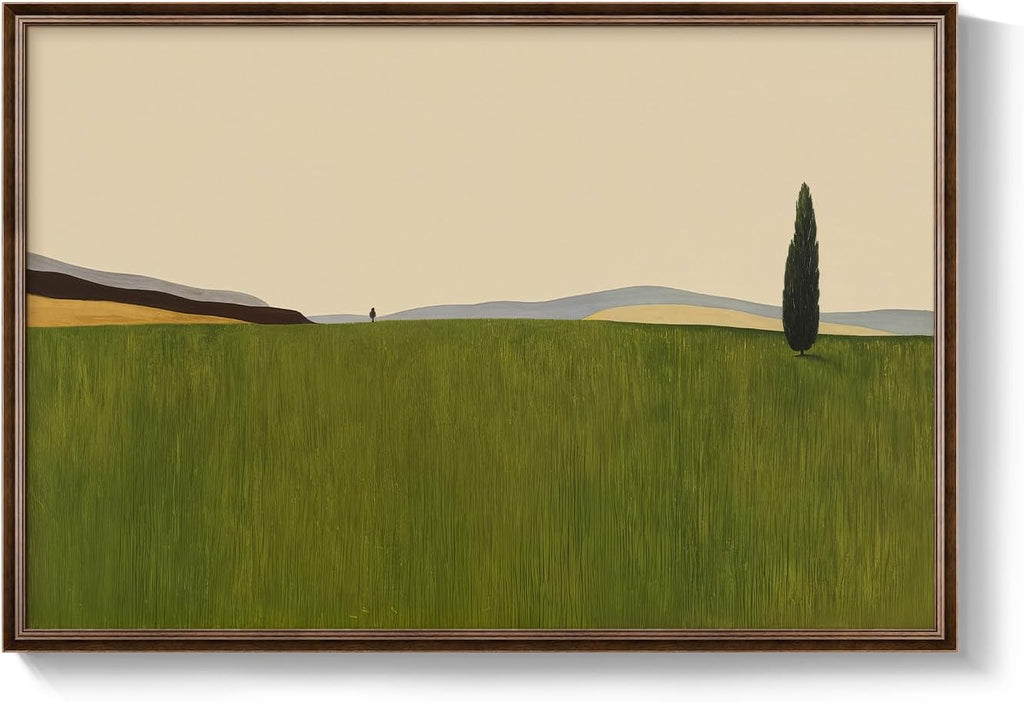 Vintage Framed Green Abstract Landscape Wall Art, Modern Sage Green Canvas Paintings Artwork for Walls, Rustic Tree