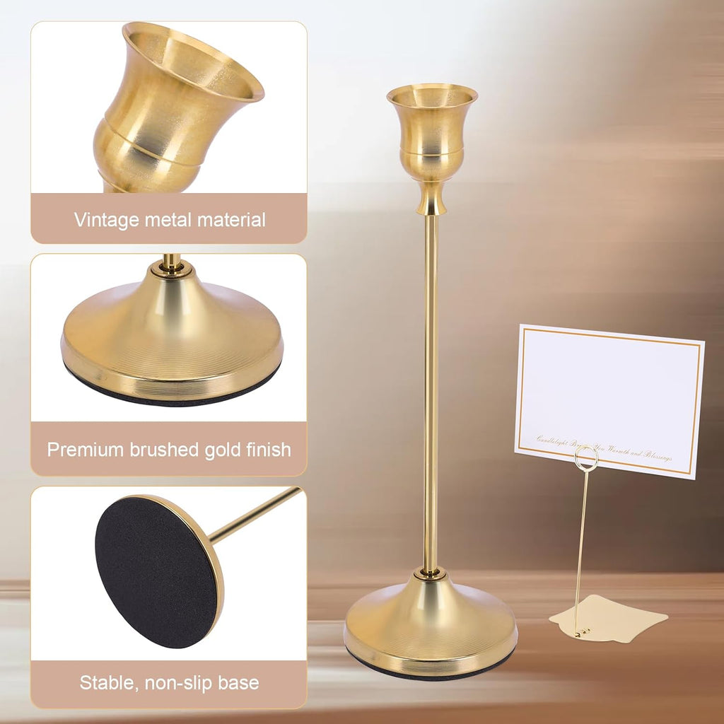 Candle Holders Set - 6 Metal Tall Candlestick Holders & 2 Label Holders & 5 Greeting Cards for Banquet Centerpieces