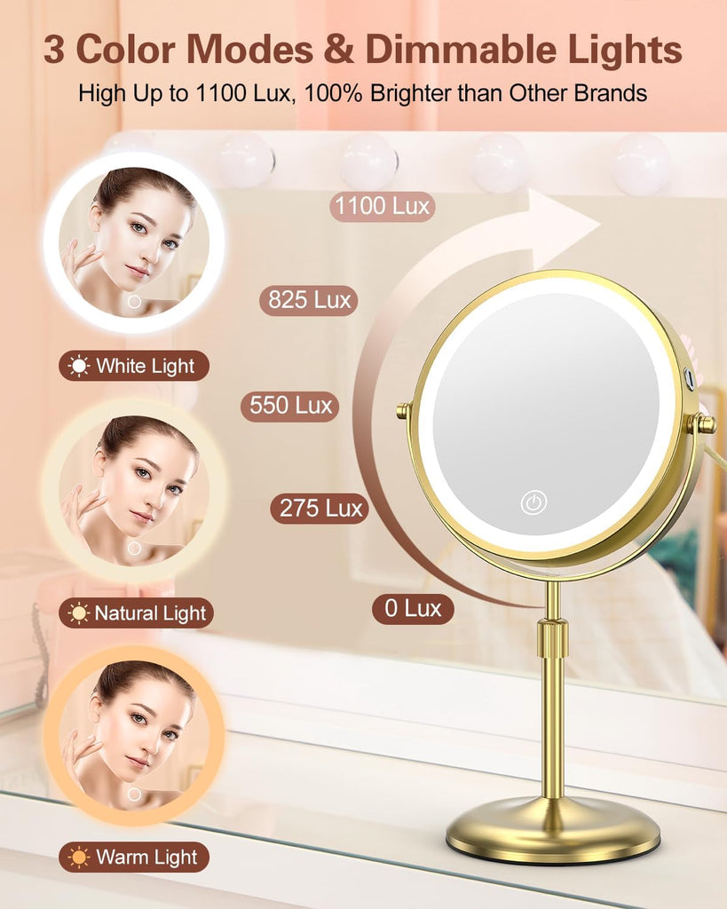 7" Lighted Makeup Mirror with 3 Color Lights & 10X Magnification, Adjustable Brightness & Height, 360° Swivel