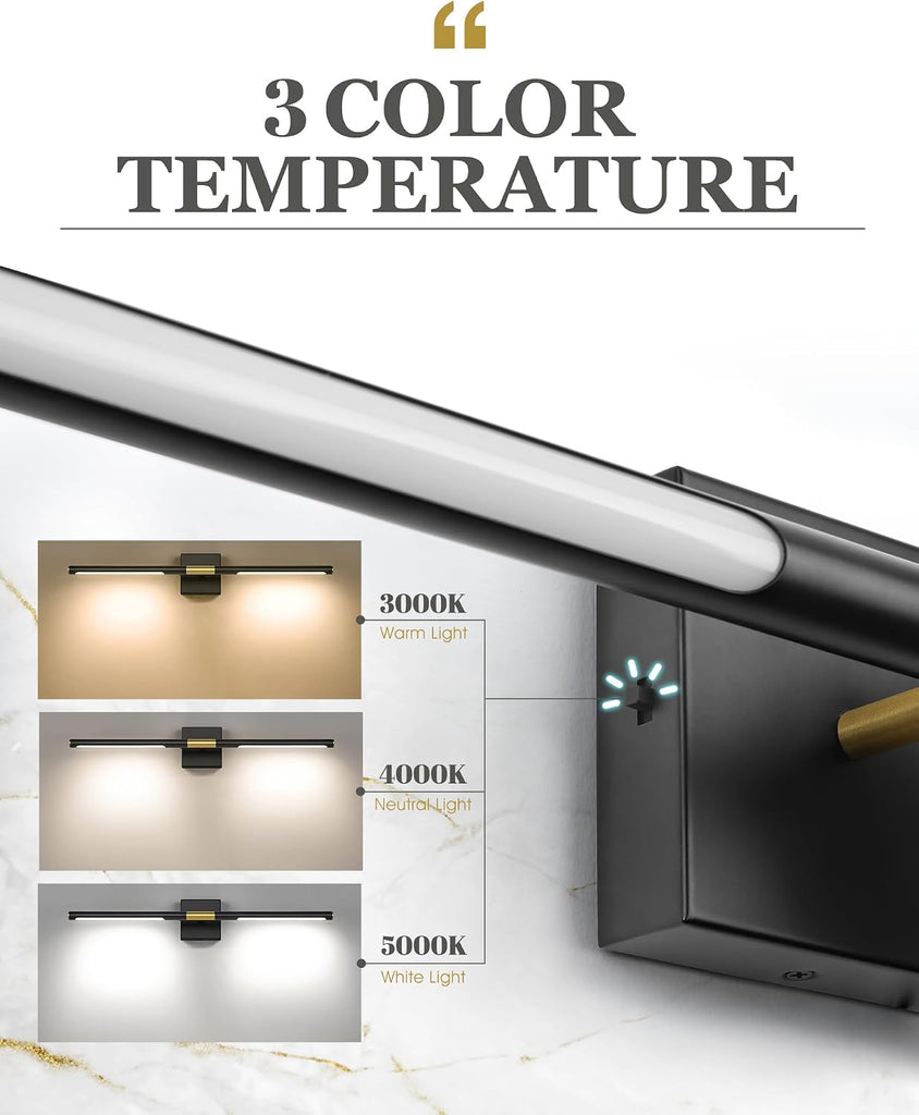 30 Inch Bathroom Light Fixtures, 16W 3CCT Dimmable Black and Gold LED Vanity Lighting Fixtures Over Mirror