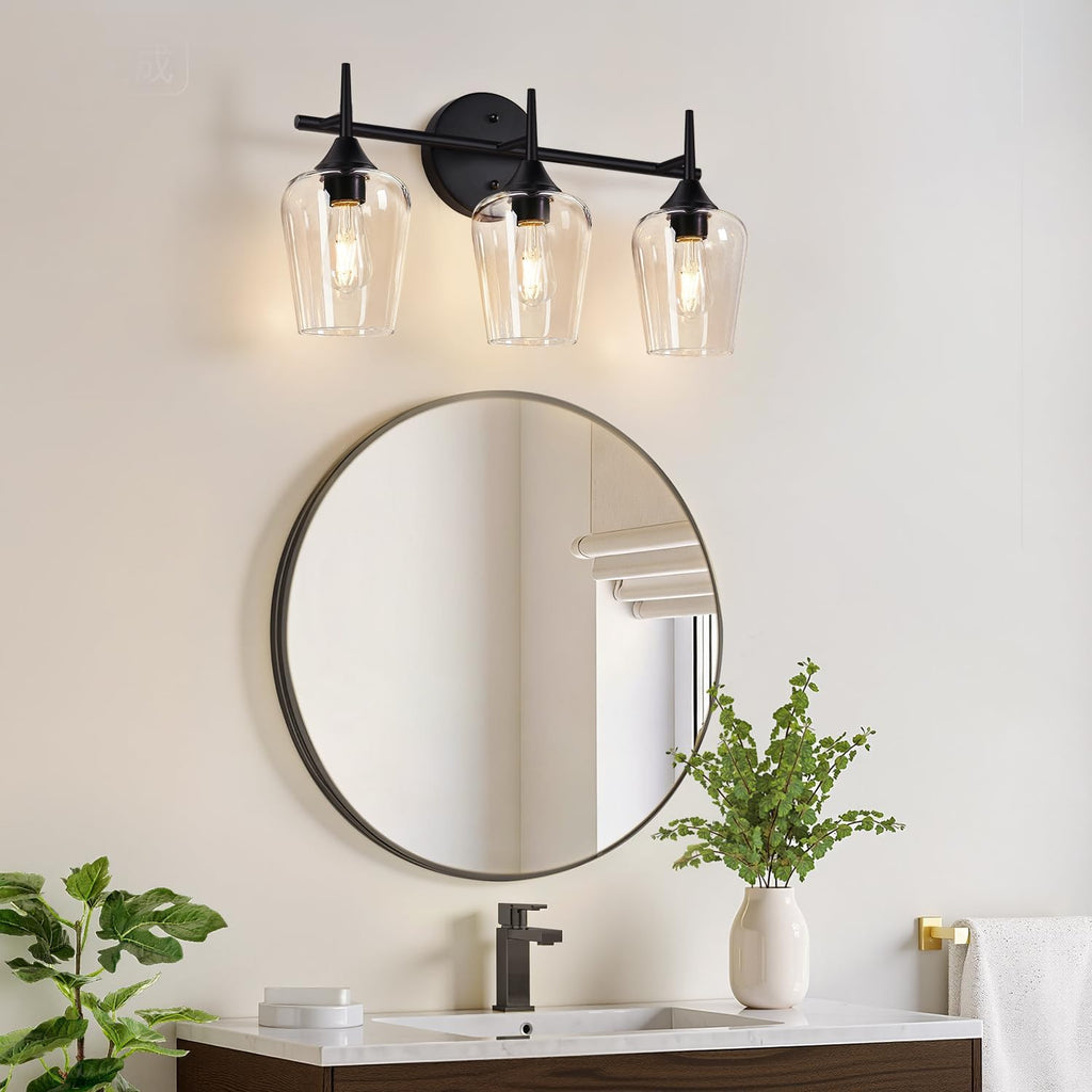 3-Light Bathroom Light Fixtures, Black Vanity Lights with Clear Glass, 19.5 Inch Bathroom Lighting Fixtures Over