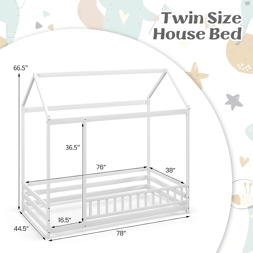 Twin Size Floor House Bed, Wooden Montessori Bed with Roof & Full-Length Safety Guardrail, Floor Playhouse Bed Frame