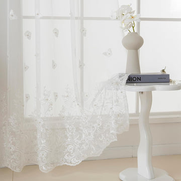 White Sheer Voile Curtains, Decorative White Embossed Butterflies Rod Pocket Window Drapes for Home Kitchen, Living