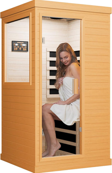 Far Infrared Sauna Home Sauna Spa Room Canadian Hemlock Wood 1200W Indoor Saunas Low EMF 110V with 7 Color Light and Tempered Glass Door, Room: 35.2 * 27.6 * 61.6Inch