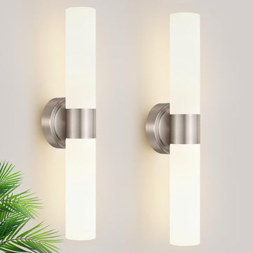 Wall Sconces Set of Two, Modern Bathroom Sconces Wall Lighting with Milky White Glass, Brushed Nickel Sconces Wall