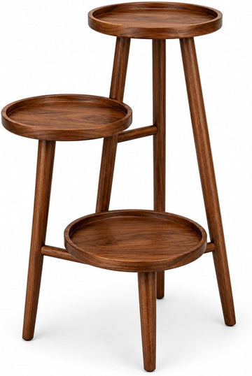 Corner Plant Stand Mid-Century Walnut Wood - 3 Tier Staggered Round Shelf Display for Indoor Plants - Space-Saving