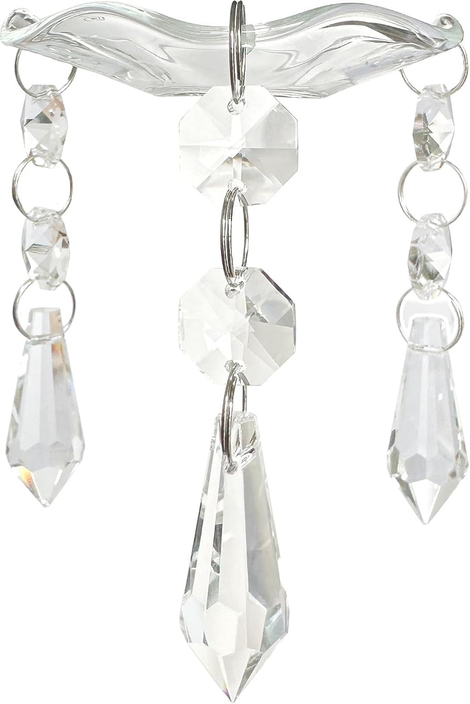 4 Pieces Bent Glass Candle Bobeches with Crystal Prisms Pendant, Taper Candle Wax Catcher Rings