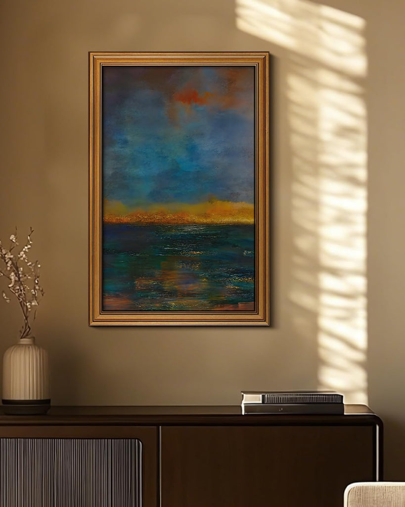 Abstract Ocean Wall Art 16x24 Framed Canvas Print with Golden Vintage Frame, Waves Sun Sky Art Modern Seascape Oil