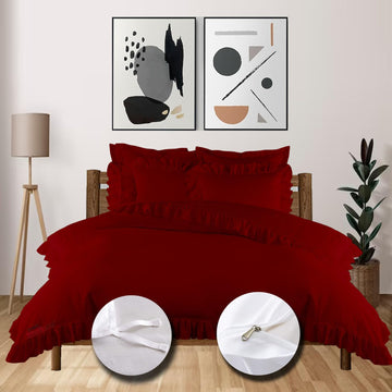 Luxury Burgundy Edge Ruffle Duvet Cover Set King XL 116x98 Size Certified Egyptian Cotton Luxury Soft & Breathable