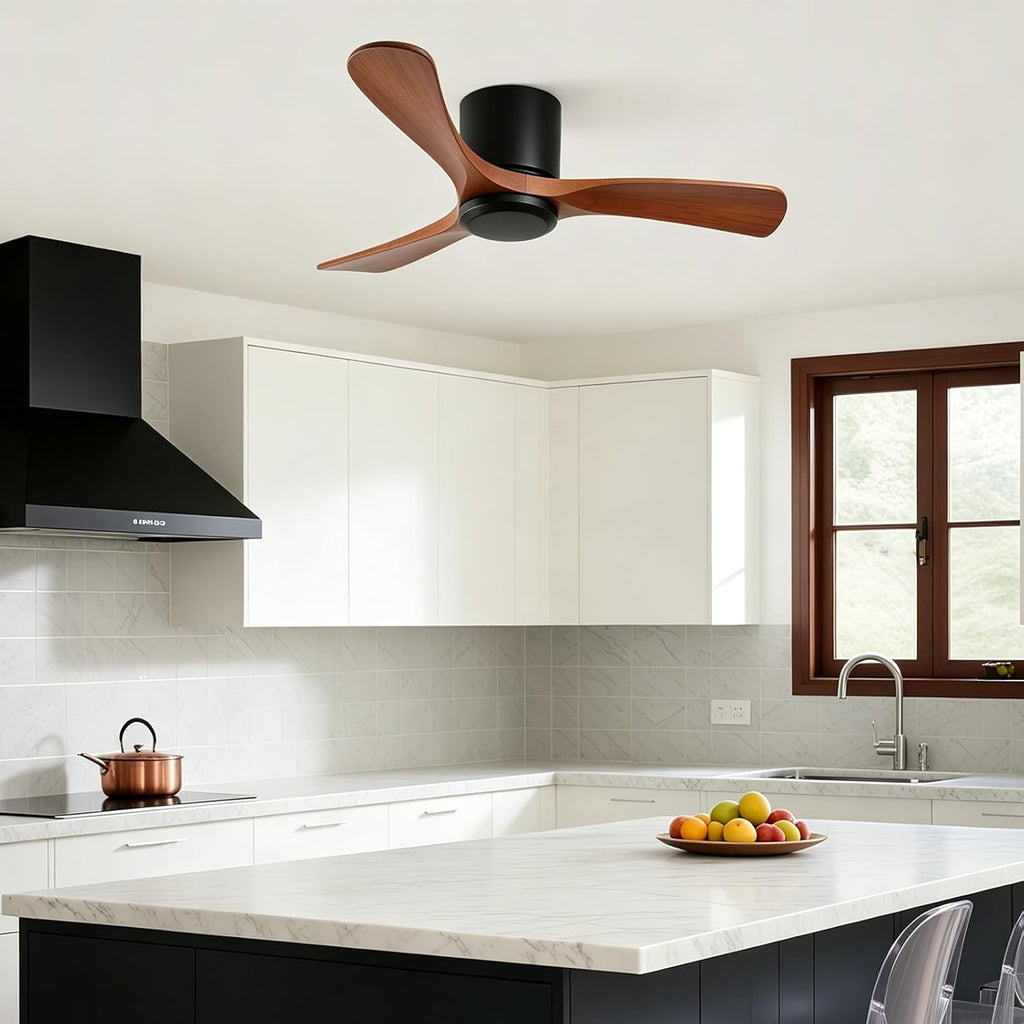 42 Inch Wood Ceiling Fan Without Light - Flush Mount, Remote Control, 3 Blade 6-Speed Reversible DC Motor, Noiseless Timer