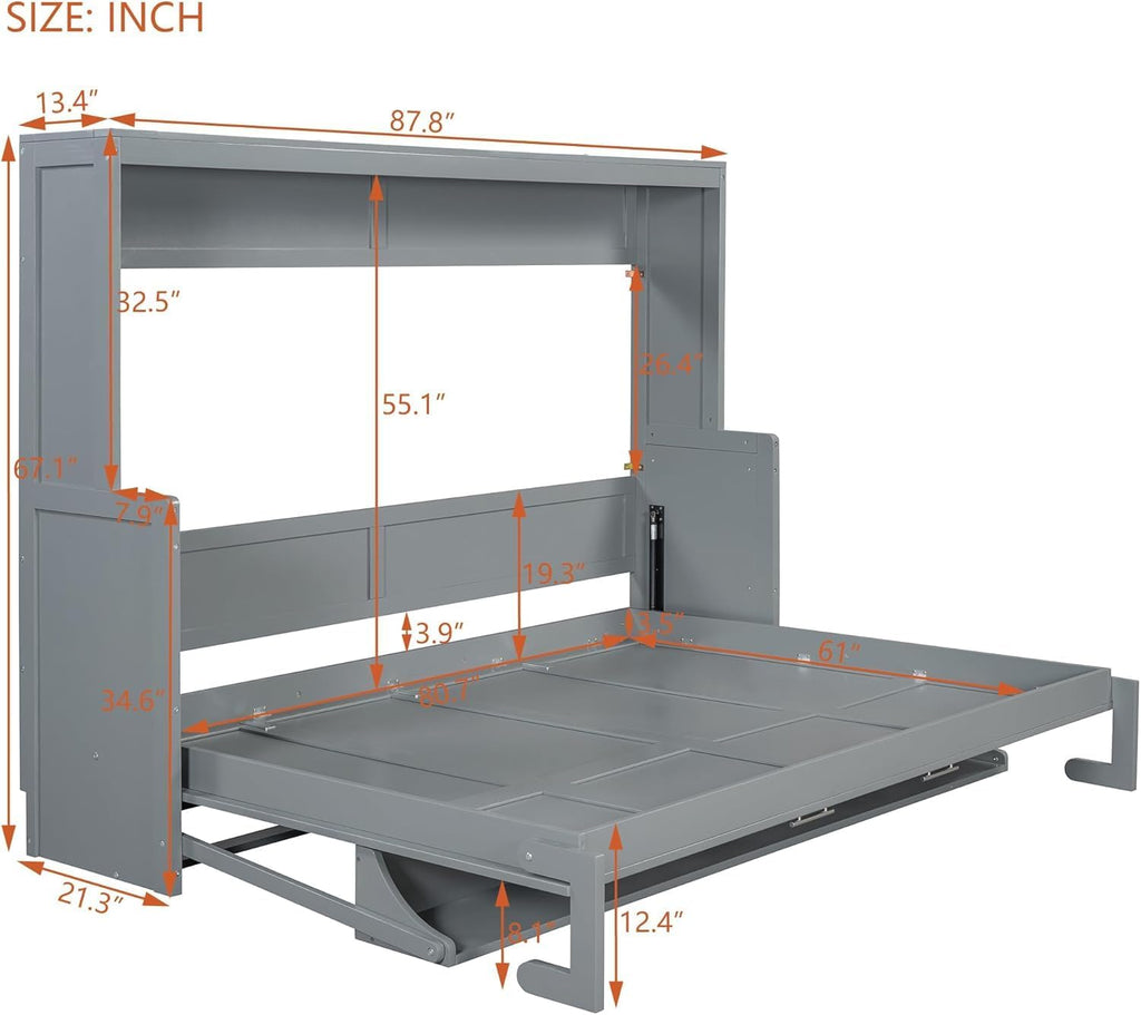 Queen Horizontal Murphy Bed with Desk,Wood Folding Hideaway Murphy Wall Bed for Adult,Guest Room,No Box Spring