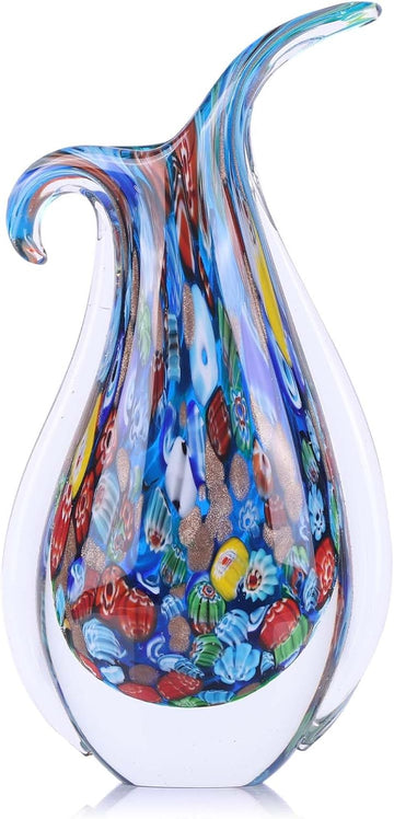 Hand Blown Glass Vase - Oval Decorative Art Glass for Centerpieces, Murano Inspired Decor, Entryway Table, or Shelf