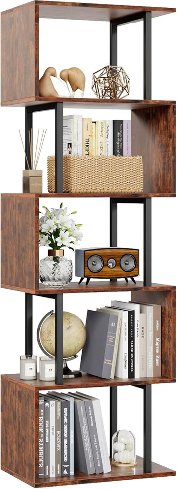 6 Tier Bookshelf, Tall S Shaped Geometric Bookcase, Modern Display Shelf Standing Unit