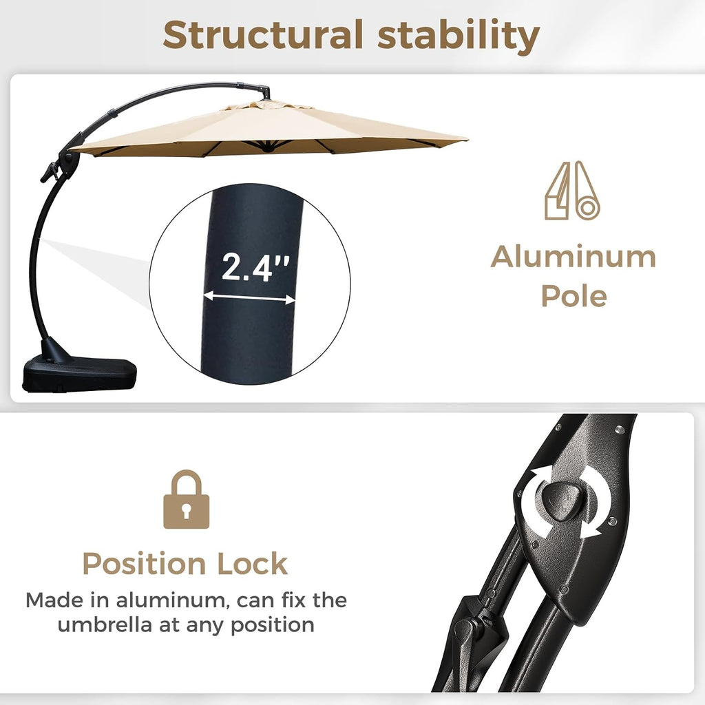 12 FT Sunbrella Cantilever Umbrella with Base Outdoor Aluminum Offset Umbrella with Tilt Adjustment (Flax