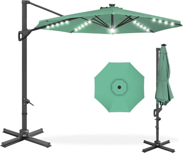 10ft Solar LED Cantilever Patio Umbrella, 360-Degree Rotation Hanging Offset Market Outdoor Sun Shade w/Lights - Seaglas