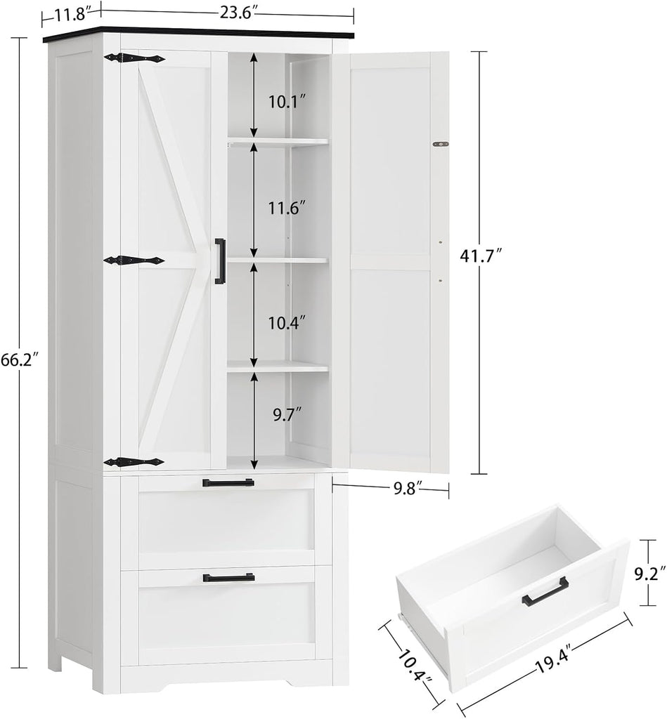 66.1" H Storage Cabinet with 2 Drawers, Farmhouse Kitchen Pantry Cabinet with 2 Doors & Adjustable Shelf, Bathroom