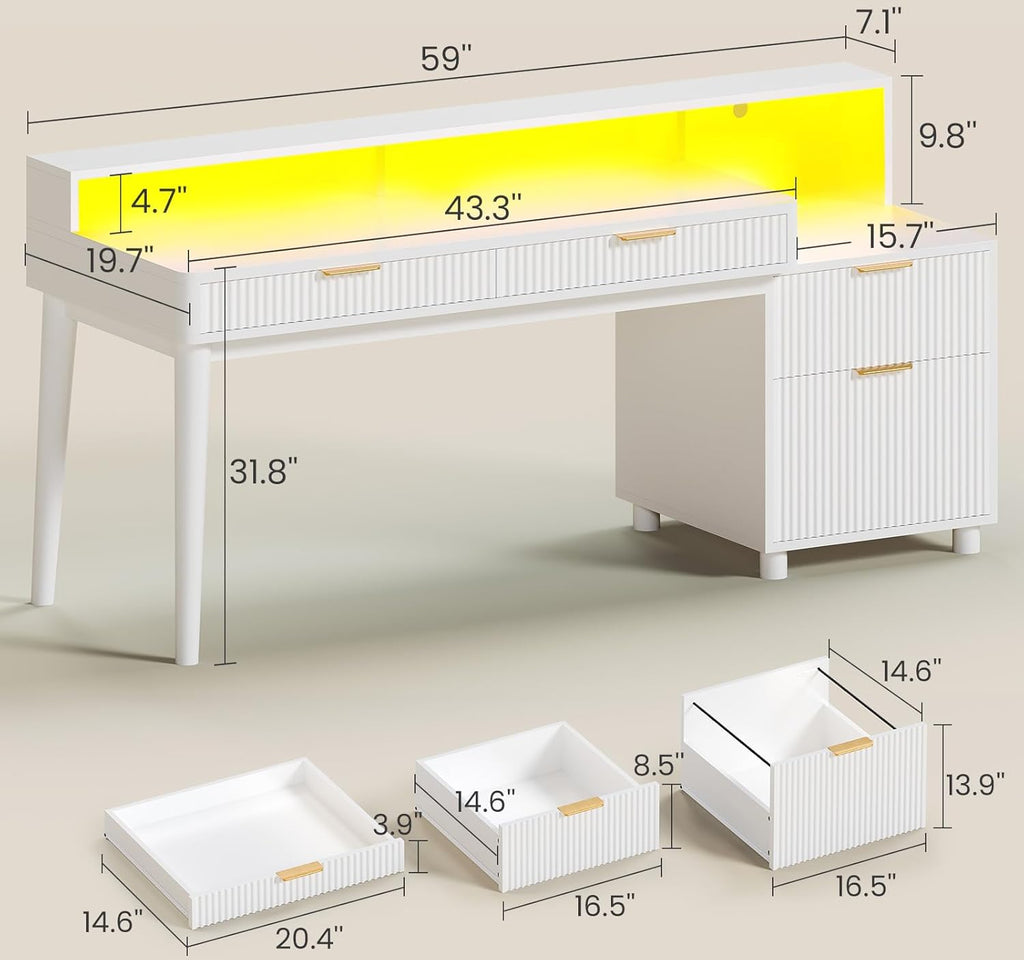 Office Desk with 4 Storage Drawers, 59" Fluted Wood Gaming Computer Desk with LED Lights and Power Strip