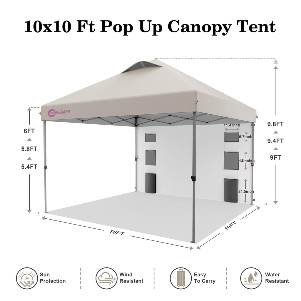 10x10 Pop Up Canopy with Sidewall, One Push Easy Setup, Beige