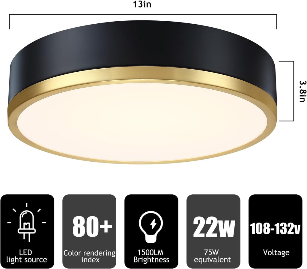 13 Inch Modern LED Flush Mount Ceiling Light - Black and Gold, 22W Dimmable